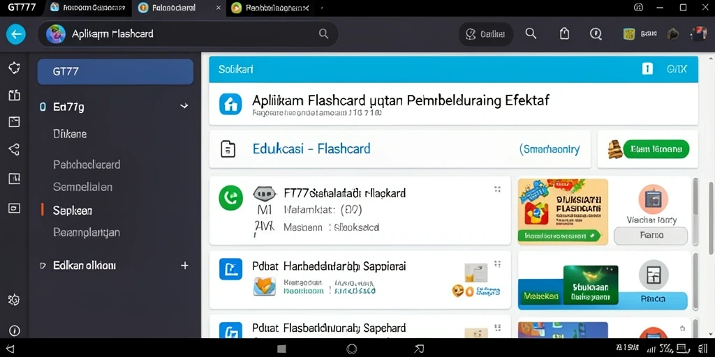 Antarmuka aplikasi GT777 yang menarik untuk pembelajaran menggunakan flashcard.