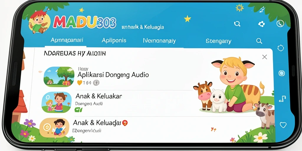 Antarmuka aplikasi MADU303 dengan pilihan cerita Dongeng Audio.